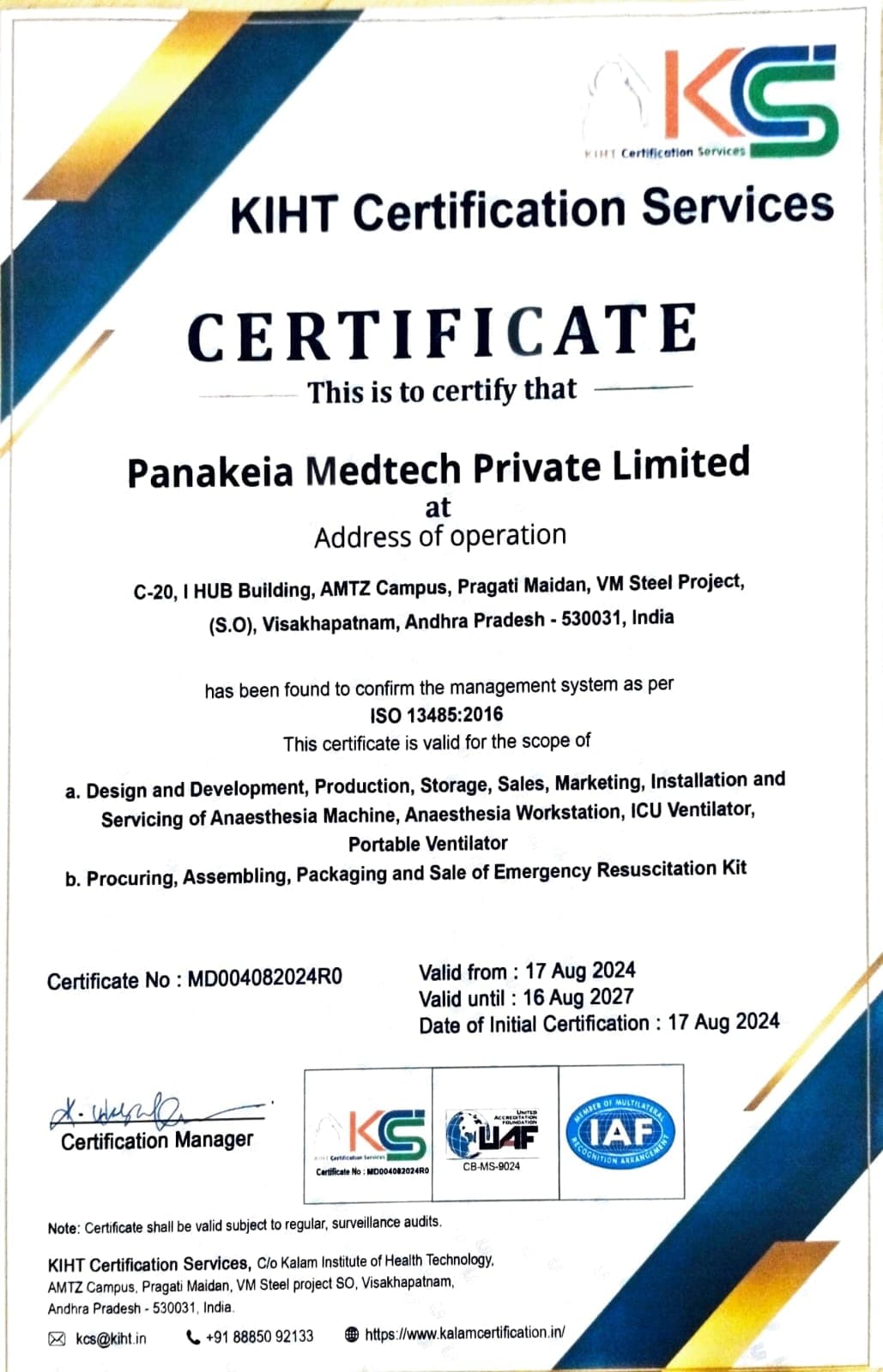KIHT ISO 13485:2016 Medical Devices Quality System — Panakeia Medtech