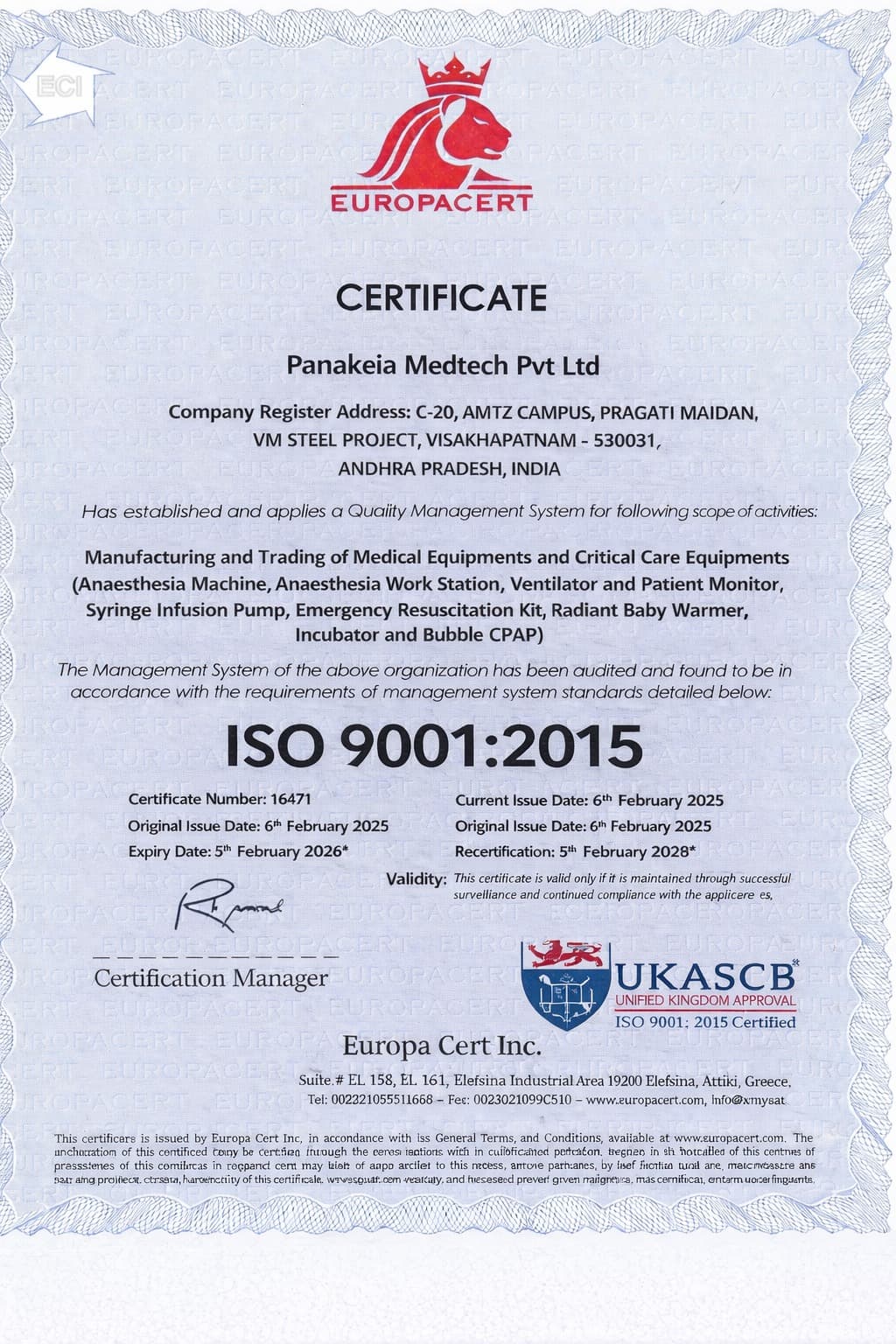 EuroPaCert ISO 9001:2015 Quality Management System — Panakeia Medtech